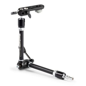 Manfrotto 143A Magic Arm with camera bracket shown extended with pivot lock and mounting points visible
