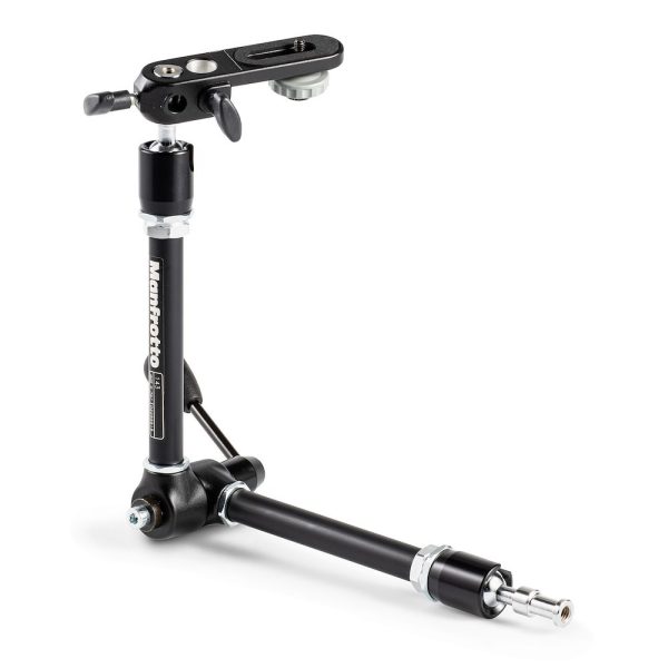 Manfrotto 143A Magic Arm with camera bracket shown extended with pivot lock and mounting points visible