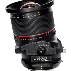ROKINON 24mm F3.5 tilt shift lens on white background