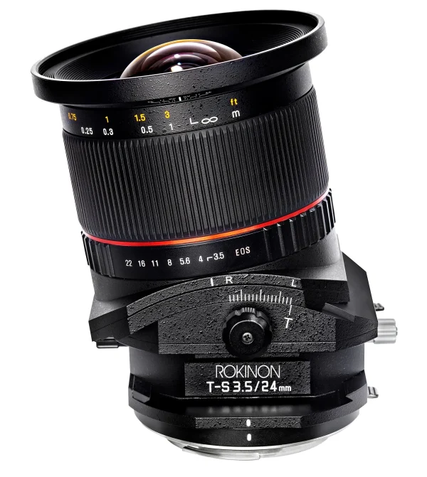 ROKINON 24mm F3.5 tilt shift lens on white background