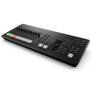 A professional multi-camera live production switcher with buttons and HDMI connections.