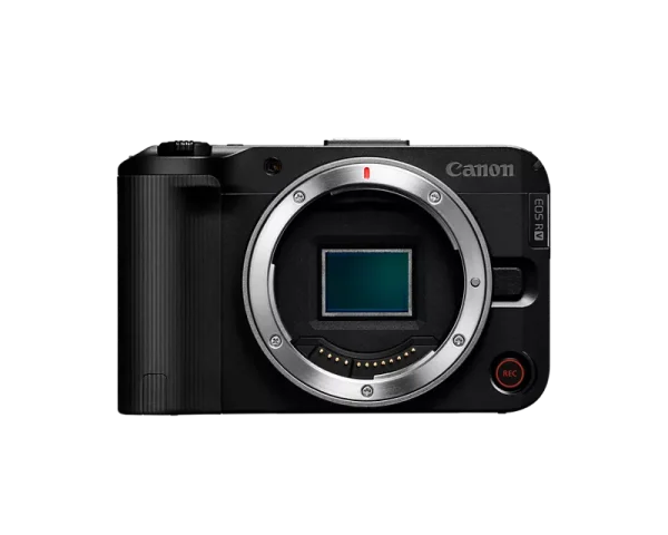 Canon EOS R50 V mirrorless camera body shown without lens, compact design ideal for content creators and vloggers