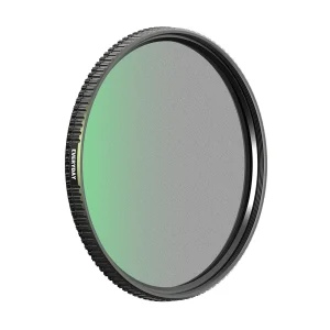 PolarPro Shortstache Everyday Mist filter mounted on a camera lens showing matte green frame and glass surface.