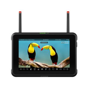 Front view of the Atomos Shinobi 7 RX monitor and wireless receiver