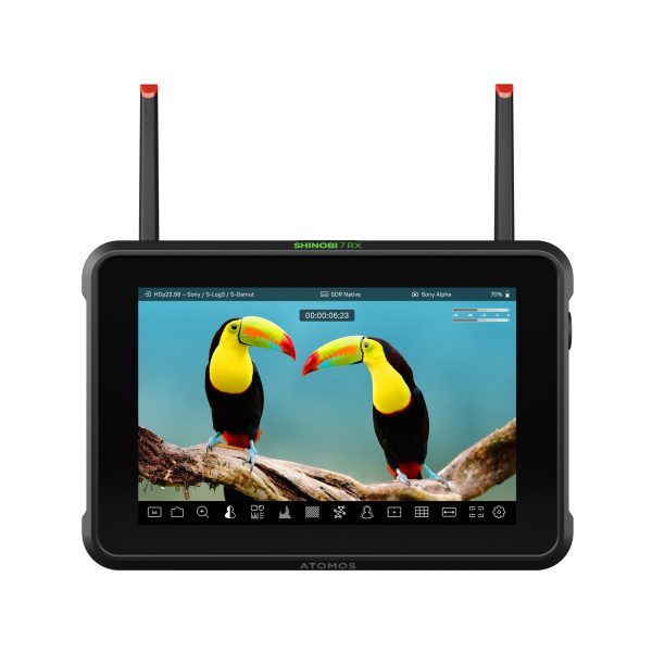 Front view of the Atomos Shinobi 7 RX monitor and wireless receiver