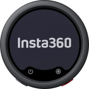 Insta360 Mic Pro wireless microphone transmitter with a customizable E-Ink display and compact circular design.