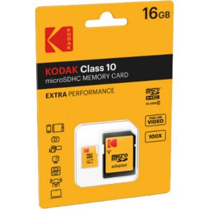 Kodak 16GB microSDHC memory card with included SD adapter displayed on a white background.