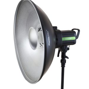 Phottix Pro Beauty Dish MK II with silver interior, Bowens speed ring, diffuser, and honeycomb grid for studio lighting applications.