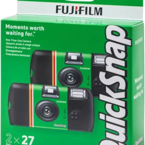 Two FUJIFILM QuickSnap Flash 400 disposable cameras with built-in flash shown in their retail 2-pack packaging.