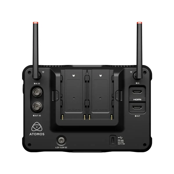 Rear view of the Atomos Shinobi 7 RX monitor and wireless receiver