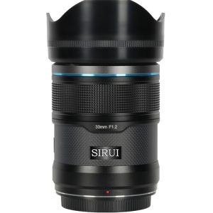 Sirui Sniper 33mm f/1.2 autofocus lens in black on a white background
