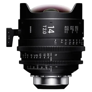 A Sigma 14mm T2 FF cinema lens shown from the side.