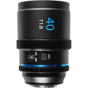 A compact Sirui 40mm T1.8 blue flare anamorphic lens with Sony E mount, shown from a side view.