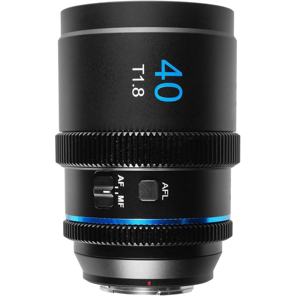 A compact Sirui 40mm T1.8 blue flare anamorphic lens with Sony E mount, shown from a side view.