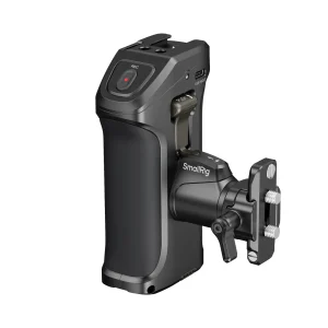 SmallRig rotating side handle with trigger attached to camera cage, showing ergonomic design and top REC button.