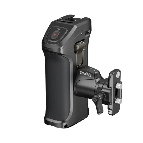 SmallRig rotating side handle with trigger attached to camera cage, showing ergonomic design and top REC button.