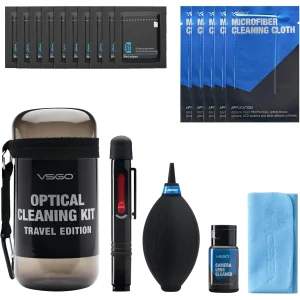 VSGO travel camera cleaning kit with lens cleaner, pen, blower, cloths and wipes in waterproof bottle