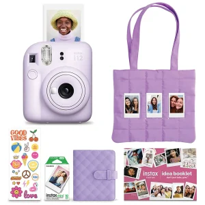 A Purple Fujifilm INSTAX mini 12 instant camera resting upright against a plain background.