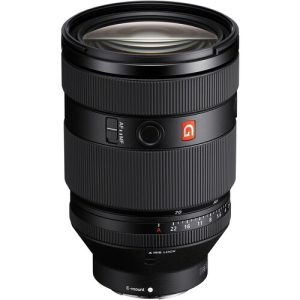 Sony FE 28-70mm F2 GM full-frame standard zoom lens with lens hood attached on a white background.