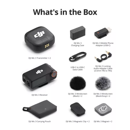 DJI Mic 3 2-Person Advanced Mini 2.4GHz Wireless Microphone System with Charging Case Whats in the Box
